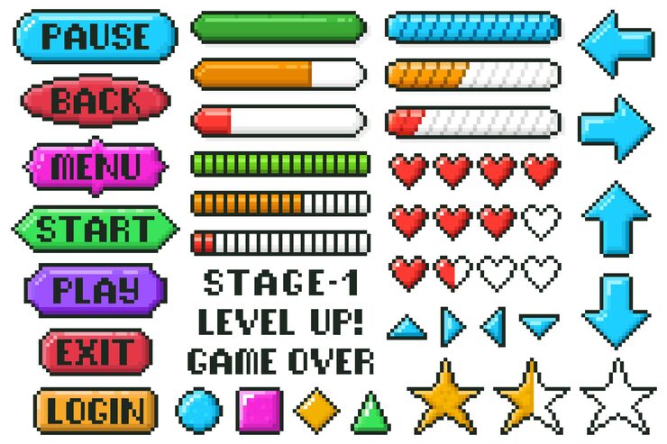 Vector pixel game menu buttons. game 8 bit ui controller arrows, level and live bars, menu, stop, play buttons set