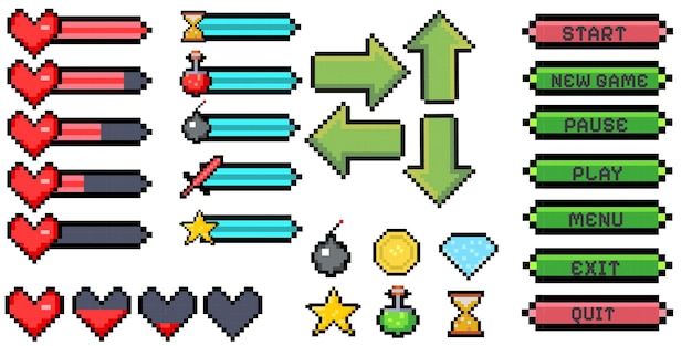 Vector pixel game menu resources level live bars and buttons game interface pixelated life bar