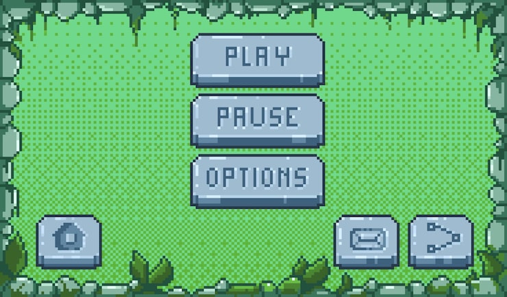 Vector pixel game menu retro video game buttons 8 bit game asset ui interface elements for mobile and web game vector arcade game design set