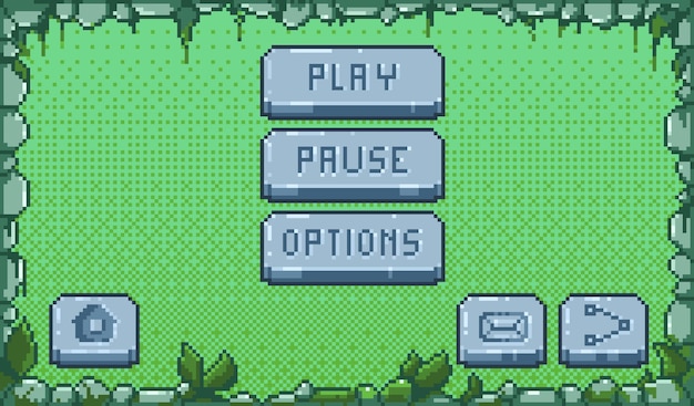 Pixel game menu Retro video game knoppen 8 bit game asset UI interface elementen voor mobiele en web game Vector arcade game design set