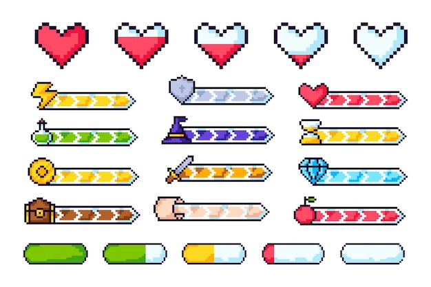 Vector pixel game progress bars. 8-bit indicators of health, stamina.