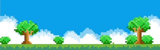 Vettore della schermata del gioco pixel vettore dell'albero del cielo e dello schermo del suolo pixel