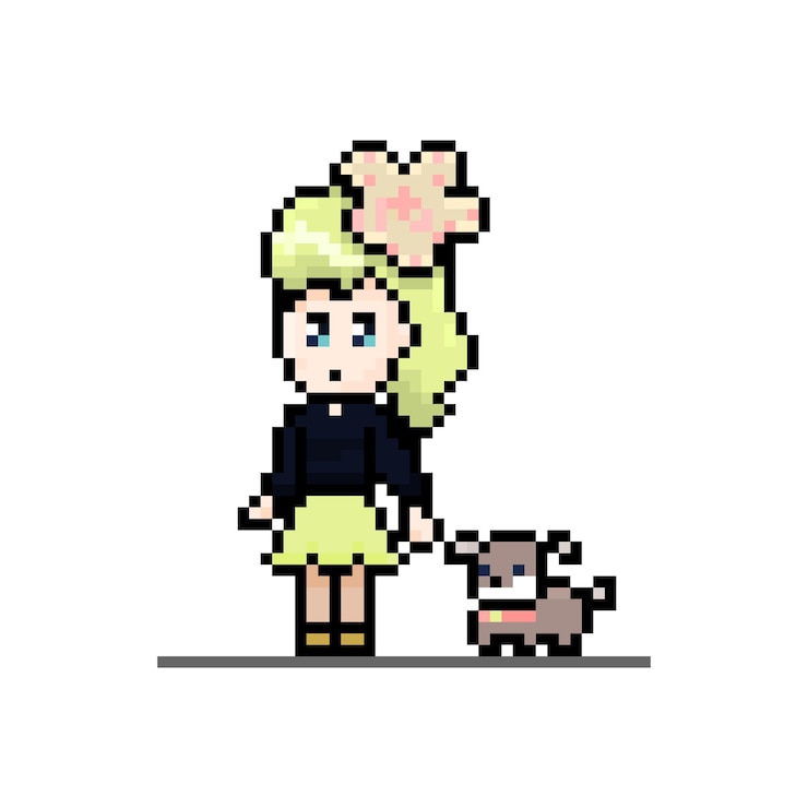 Vector pixel girl with pet dog cute character walking with animal