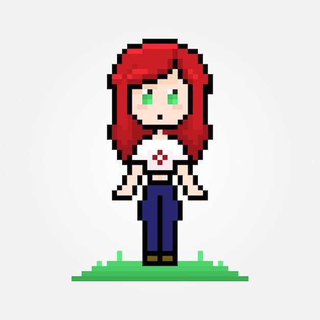 Pixel girl with red long hair young female character