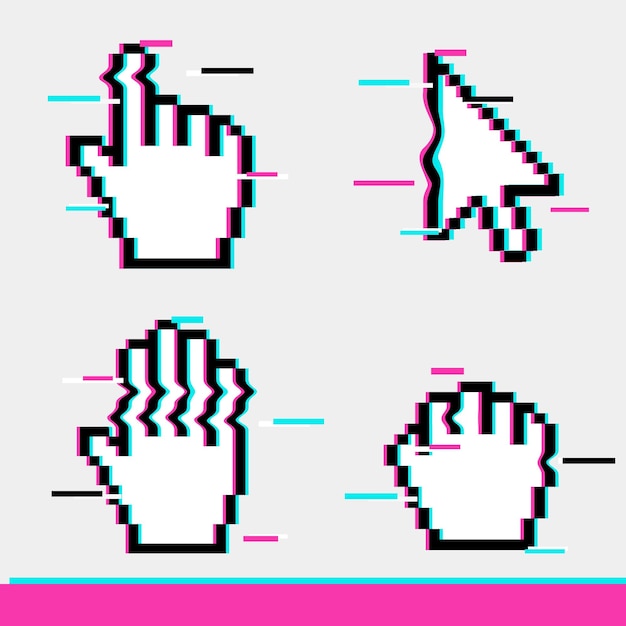 Pixel glitch muis hand en pijl cursor pictogram teken instellen vlakke stijl ontwerp vectorillustratie