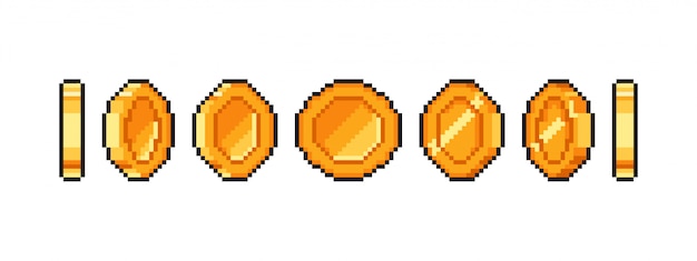 Animazione della moneta d'oro del pixel per il retro gioco del bit, monete pixelated dorate isolate.