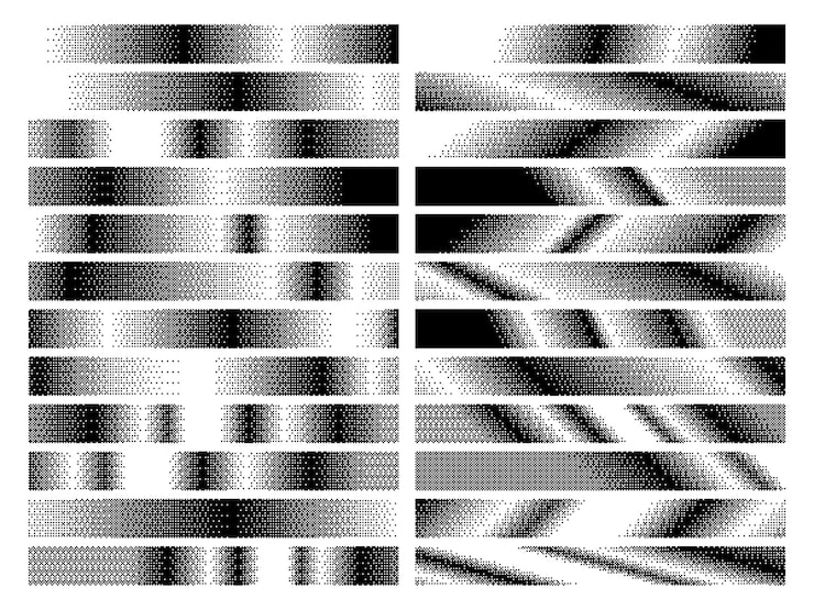 Vector pixel gradient patterns digital bitmap halftone strips with pixels dotted dithering fading effect texture abstract retro 8 bit gradient dividers and pixelated graphic elements vector set