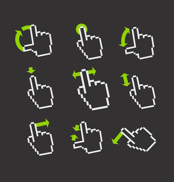 Vector pixel hand cursors collection in perspective guide with basic gestures to work with modern gadgets