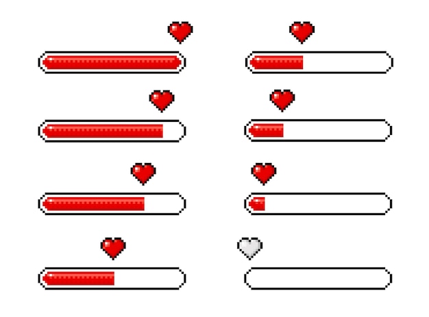 Pixel hart laadbalken 8 bit videogame pictogrammen