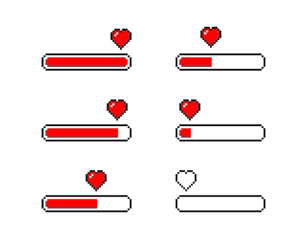 Pixel hart liefde laden set geïsoleerde vectorillustratie