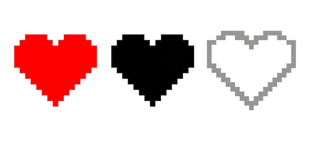 Pixel cuore collezione icona stile retrò. set cuore colorato a 8 bit. video in streaming live, chat, mi piace