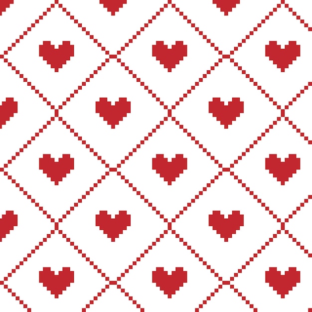 Vector pixel heart shape seamless pattern heart background