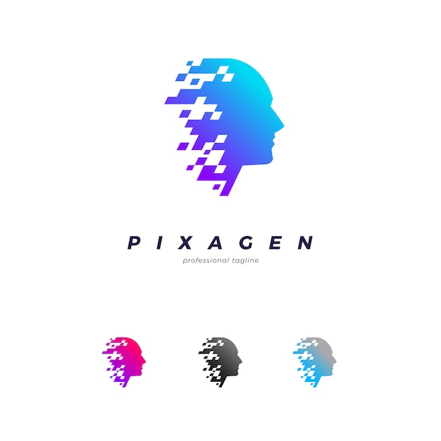Vettore modello di logo di tecnologia di dati umani volto di pixel