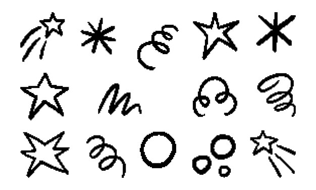 Pixel icon collection of stars and spirals