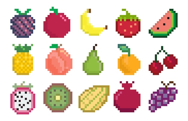 Pixel fruits. Cartoon 2D game sprite asset with apple banana mango cit By  Tartila