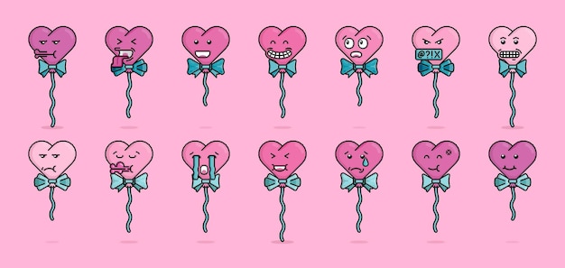 Вектор Пиксель иллюстрация смайлик пакет воздушных шаров в форме сердца с лентами и веревками в различных эмоциях счастья, печали, замешательства, гнева, шока, неверия. может использоваться для товаров или наклеек.