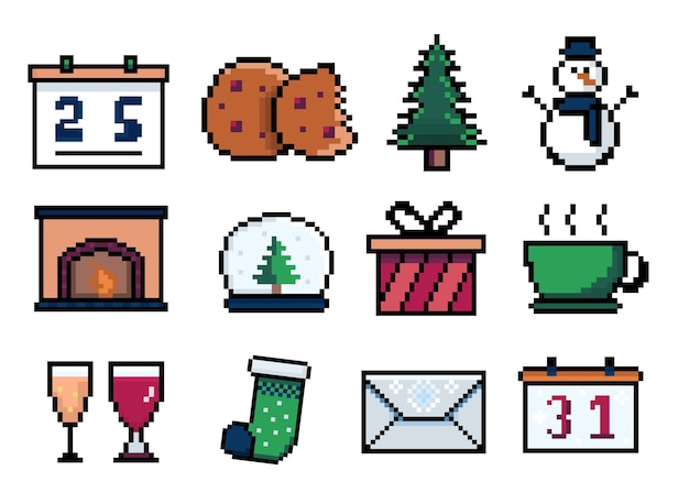 Pixel kerst- en nieuwjaarsdecorpictogrammen