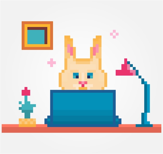 Pixel konijn werkt op laptop, bureau aan huis