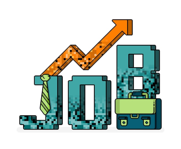 Vector pixel line art illustration of 3d word of job with briefcase under tie and rising arrow showing growth in career metaphor of hiring can be used for ads website web flyer brochure advertisement