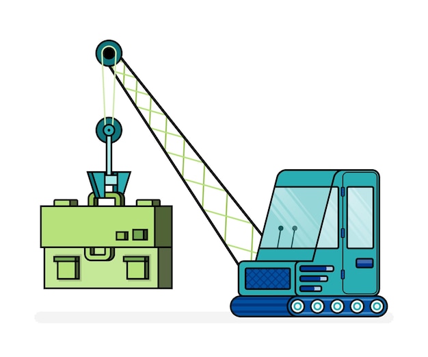 벡터 건설 및 중장비 분야의 크레인 리프팅 서류 가방 고용 또는 구인을 보여주는 픽셀 라인 아트 그림 광고 웹 사이트 웹 전단지 브로셔 광고에 사용할 수 있습니다.