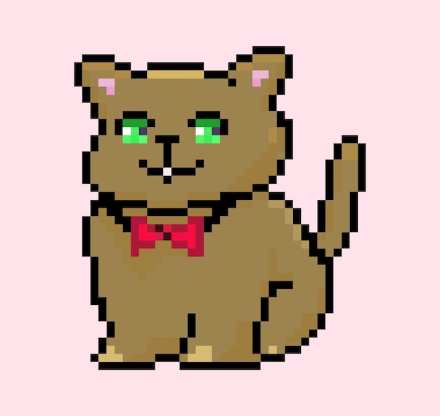 Vector pixel logo of cute cat with red bow