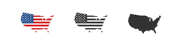 Пиксельная карта и флаг США 8-битные патриотические эмблемы Соединенных Штатов Америки устанавливают векторную изолированную плоскую точечную иллюстрацию