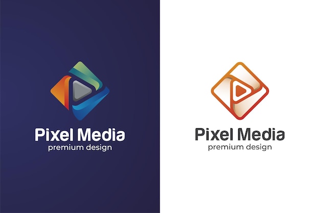 Вектор Дизайн логотипа pixel media со значком кнопки воспроизведения, символом для студийной музыки, мультимедийным значком градиента видеоплеера