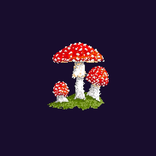 Vector pixel mushroom forest mushroom isolated on dark background vector