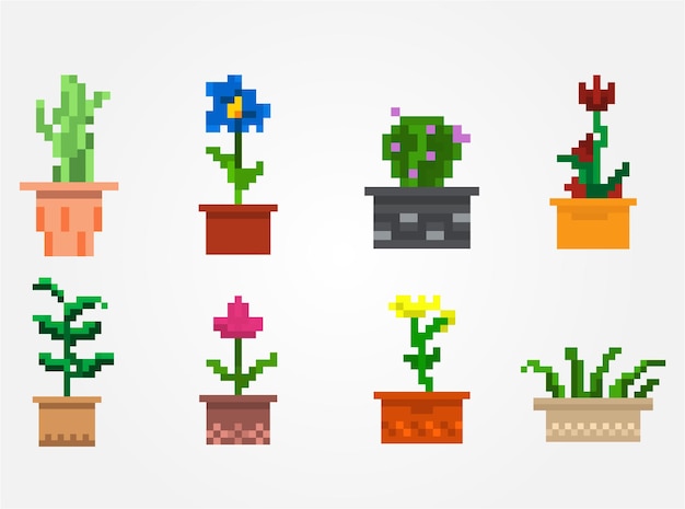 Pixel nature icons set plants