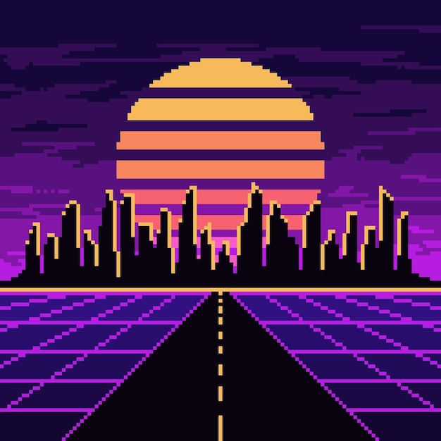 Pixel autostrada al neon con la città e lo sfondo del sole