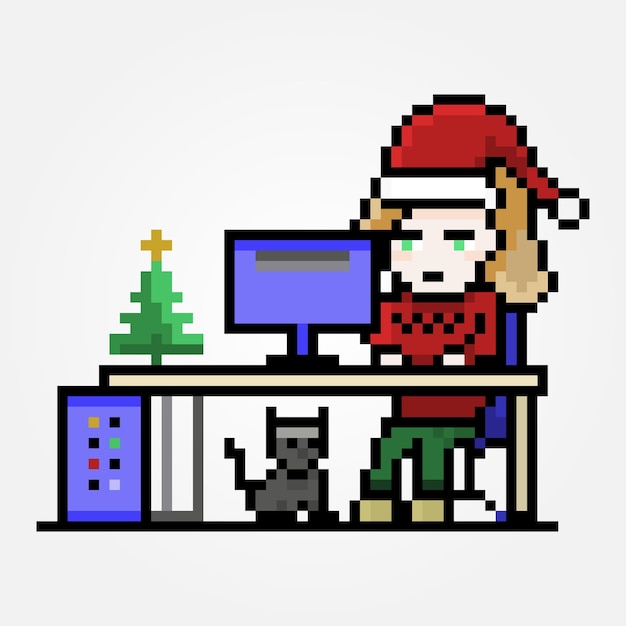 Pixel office worker female character working on pc retro art holiday wih cat