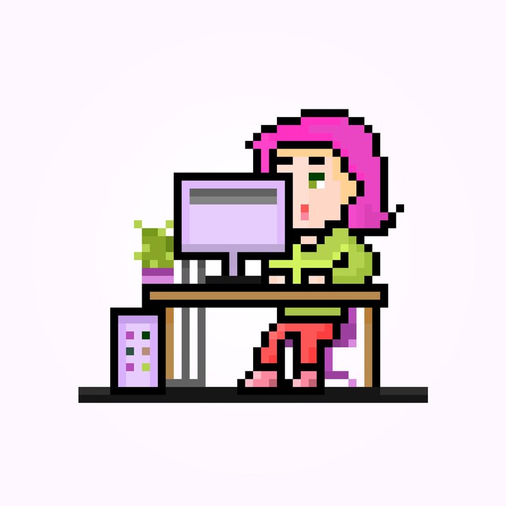 Pixel office worker   female character working on pc retro art