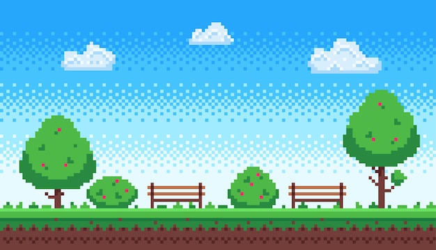 ベクトル ピクセルパーク。レトロなゲームの青い空、ピクセルの木と公園のベンチの図