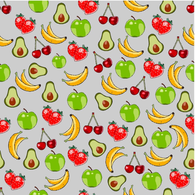 회색 배경에 적절한 영양을 위한 딸기 및 과일 아이콘의 픽셀 패턴