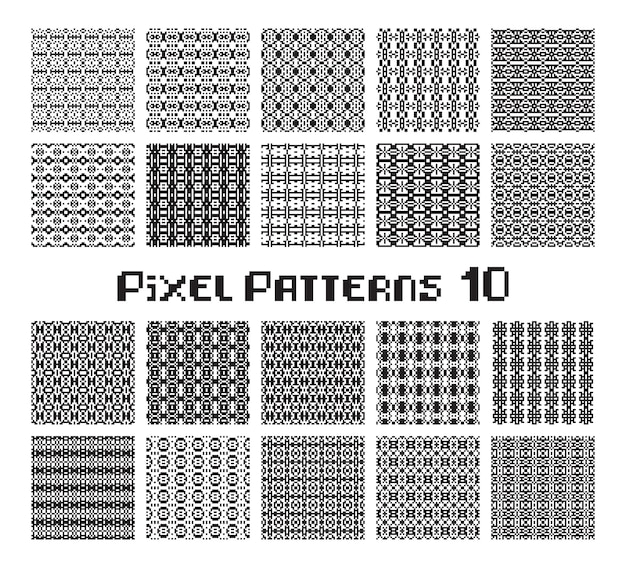 Vector pixel pattern seamless black and white color patterns set in retro design