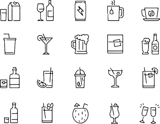 Pixel perfect icon set van dranken dranken koffie thee frisdrank bier alcohol cocktail energie winnen