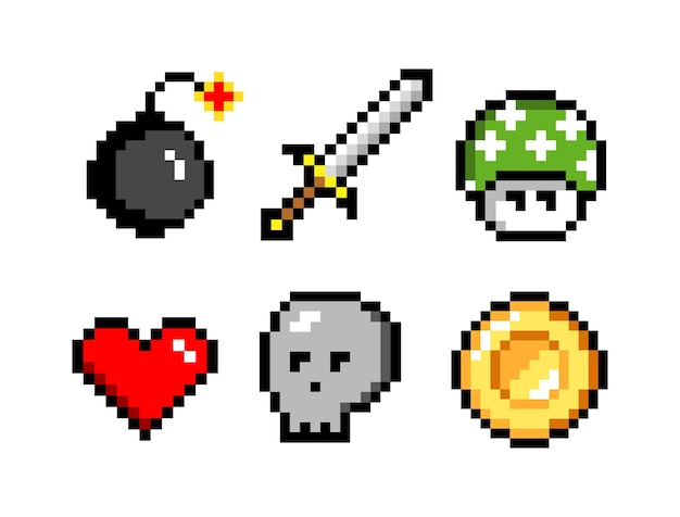 Pixel pictogrammen kleurrijke vector illustratie zwaard en kanonskogel schedel en munt paddestoel en hart