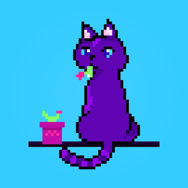 Pixel schattige kat etende plant heldere pixelart