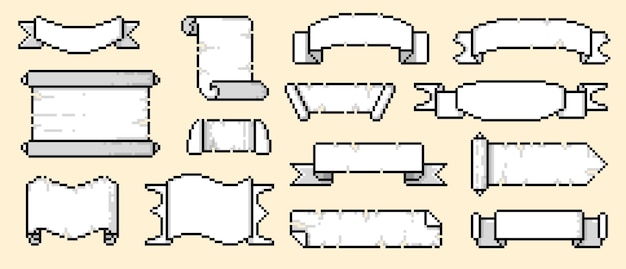 pixel scroll frame retro video game asset scroll frames blank ancient parchment paper for map and text sprite design vector 8 bit banner pixel scroll frame isolated collection
