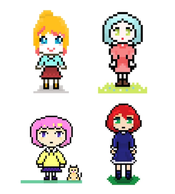 Pixel set of four girl with short hair and dress