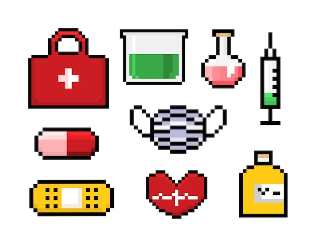 Pixel set geneeskunde pictogrammen apotheek concept 8 bit