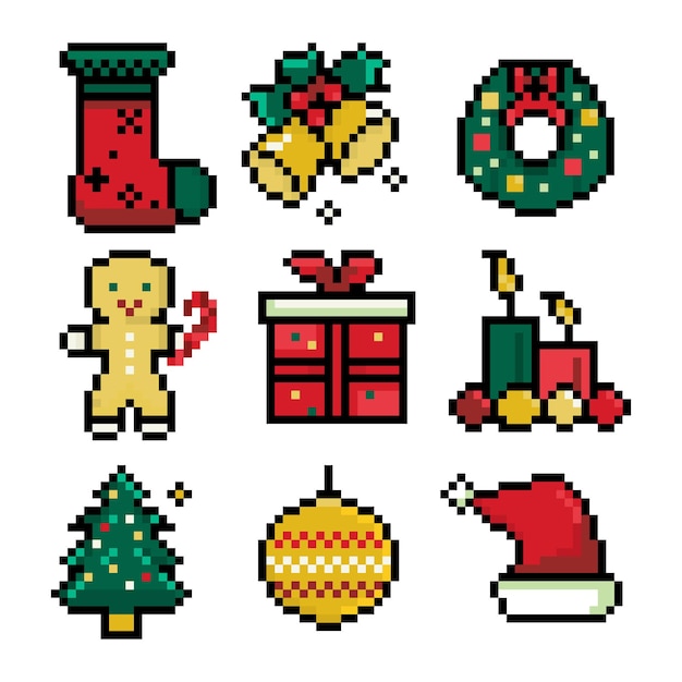 Pixel set kerst iconen voor vakantie decor design