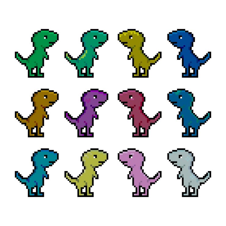 Pixel set of little dinosaurs Lovely retro video games characters