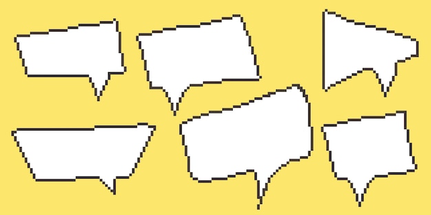 Pixel speech bubble Collection chart dialogue boxes Retro game 8 bit line text box Yellow Black and white color empty pixelated message bar Quote cloud frames Flat design vector illustration