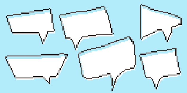 Pixel speech bubble collection chart dialogue boxes retro game 8 bit line text box yellow black and white color empty pixelated message bar quote cloud frames flat design vector illustration