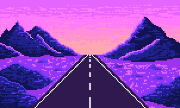 Vector pixel straight highway in neon desert purple synthwave 8bit valley with asphalt road stretching