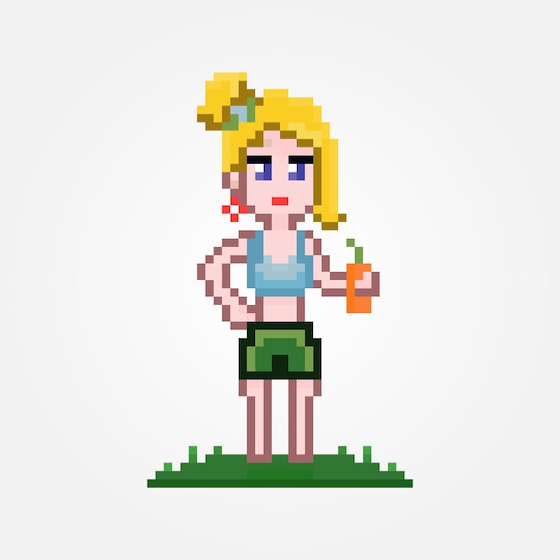 Pixel summer female character with drink standing on grass