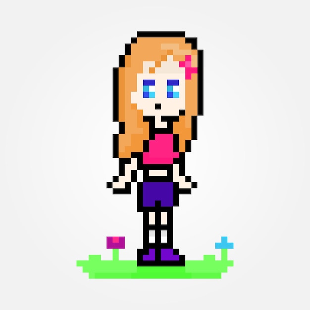 Pixel summer young girl on grass with flowers