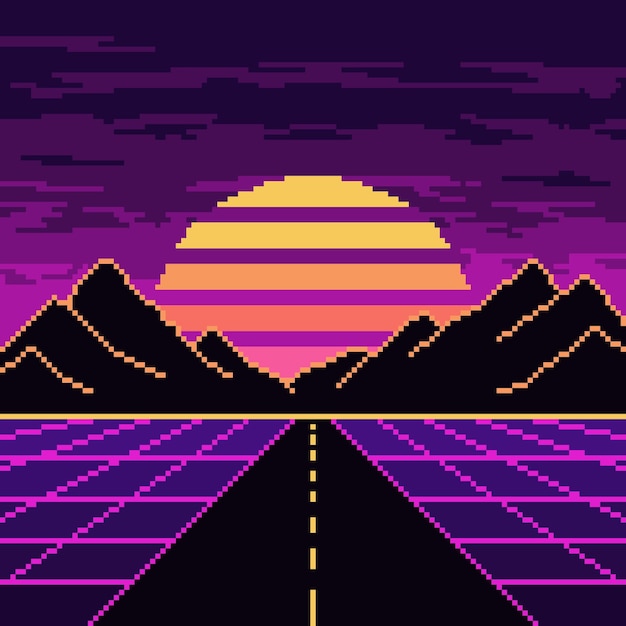 Vector pixel synthwave neon highway with mountains and sun background