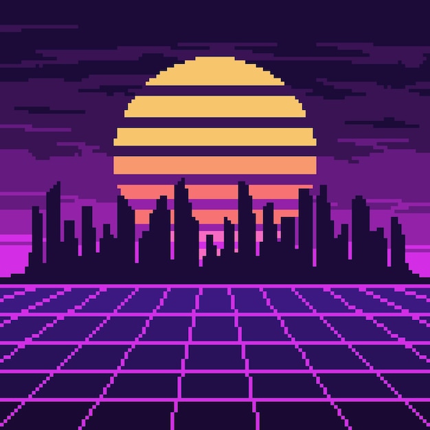 Vector pixel synthwave paars raster met donkere stad en zon achtergrond